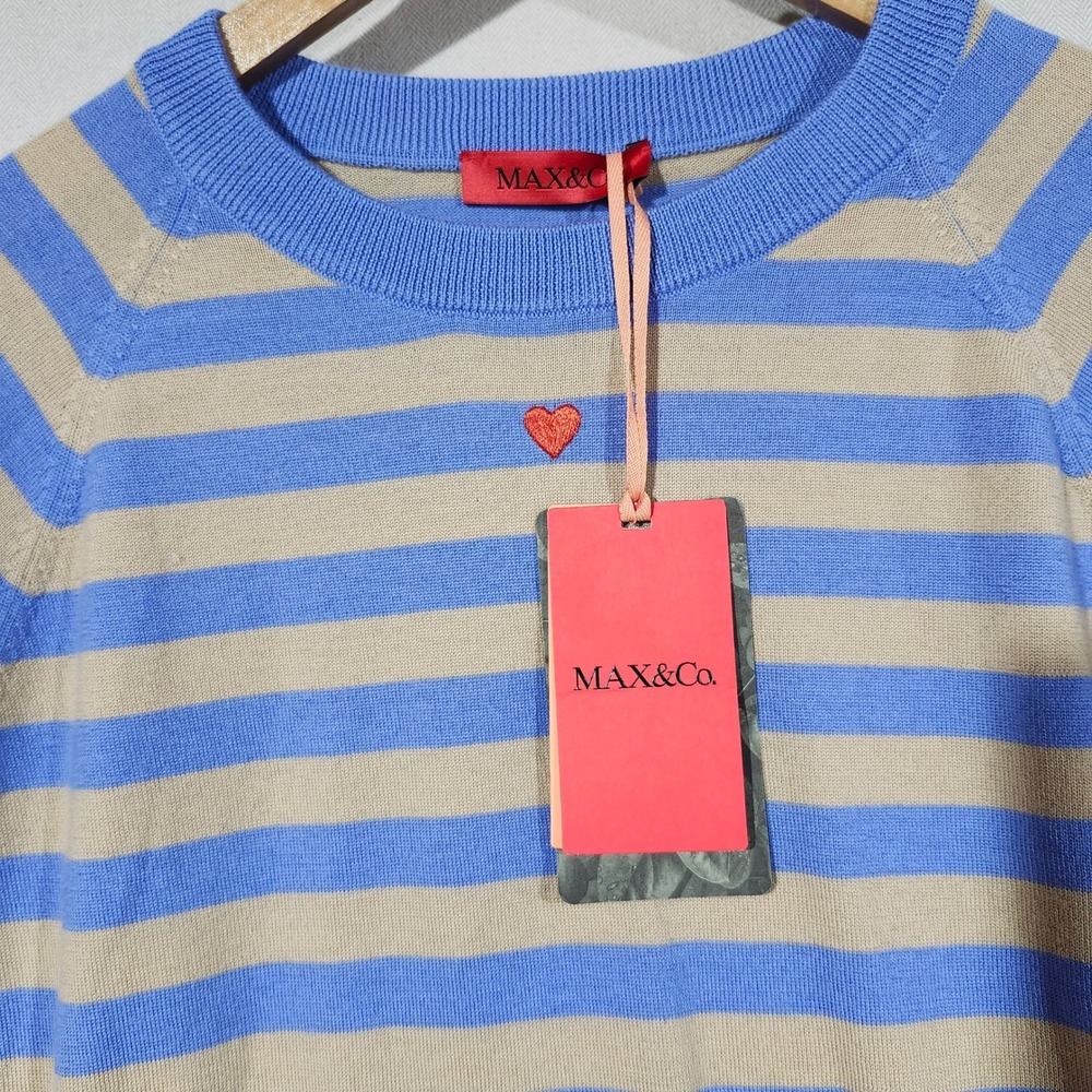 Max & Co Doberman Blue Tan Stripe 100% Virgin Wool Heart Sweater NWT Sustainable